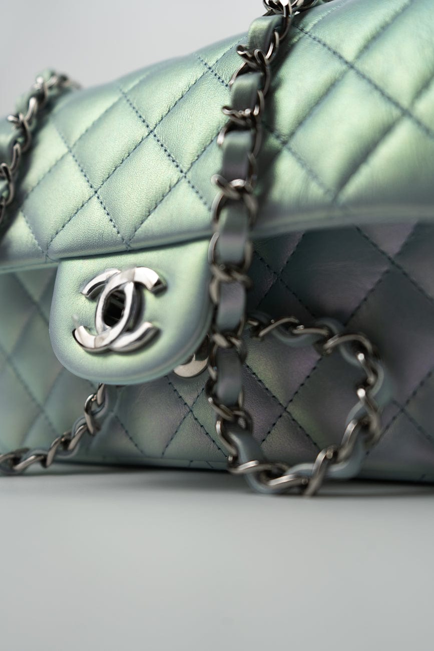 21K Iridescent Blue Calfskin Quilted Rectangular Mini SHW