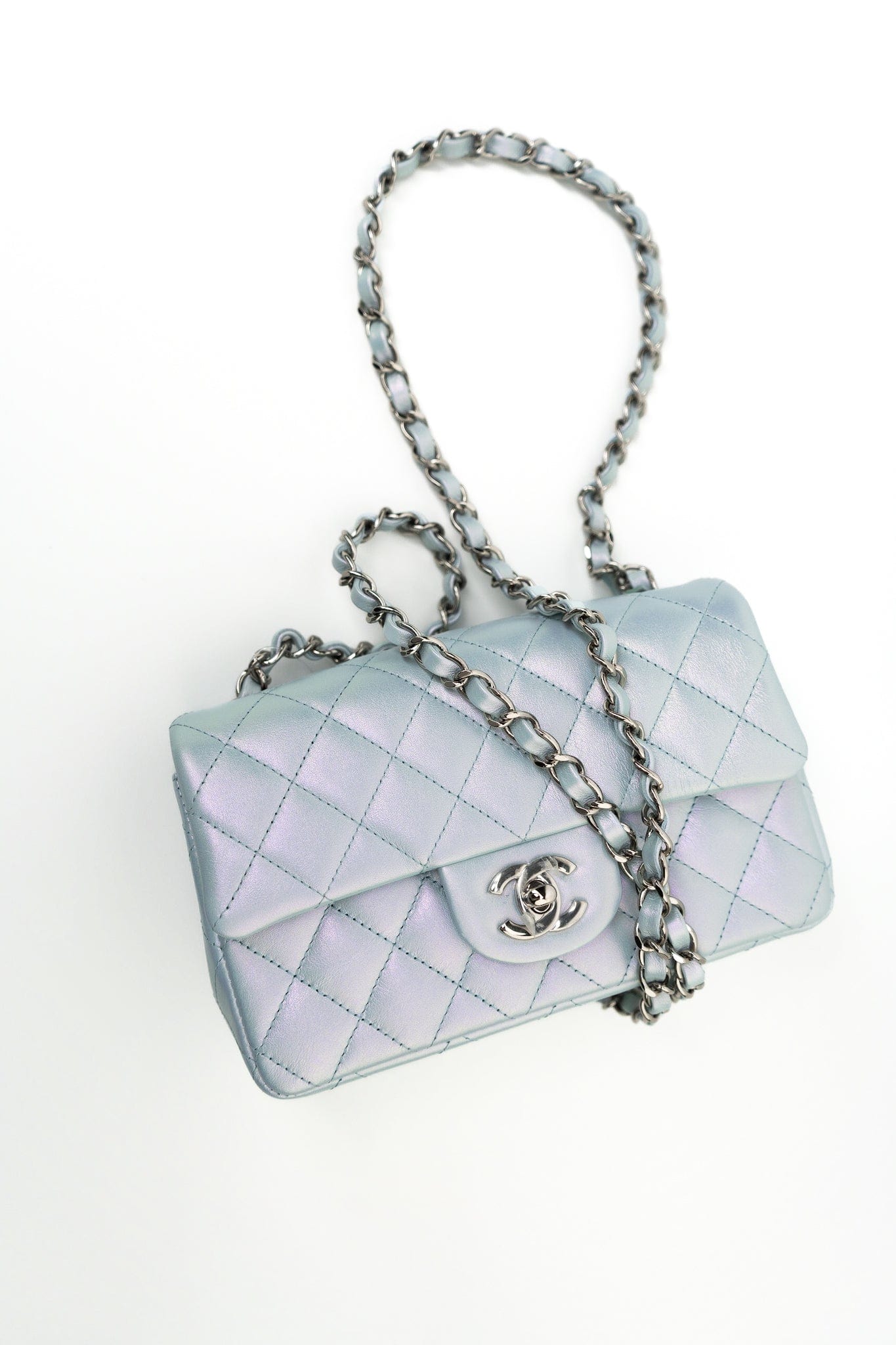 21K Iridescent Blue Calfskin Quilted Rectangular Mini SHW