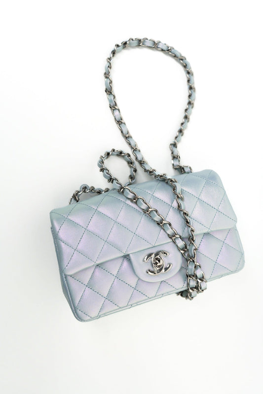 21K Iridescent Blue Calfskin Quilted Rectangular Mini SHW