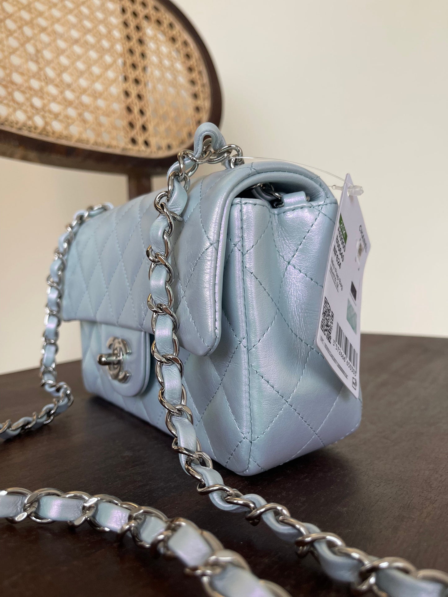 21K Iridescent Blue Calfskin Quilted Rectangular Mini SHW