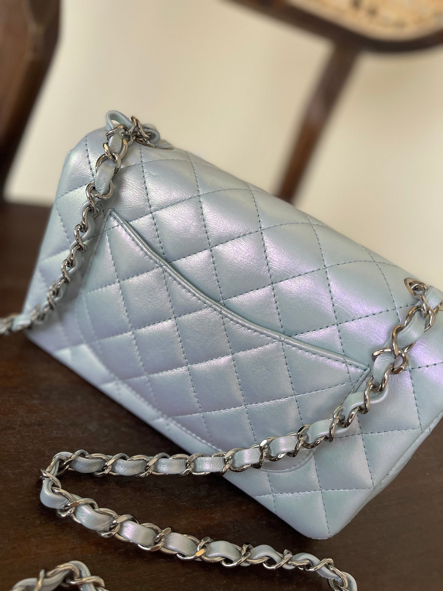 21K Iridescent Blue Calfskin Quilted Rectangular Mini SHW