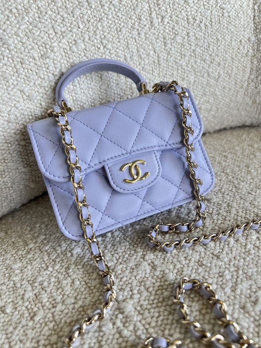 21K Lavender Lambskin Quilted Micro Coin Purse with Chain LGHW