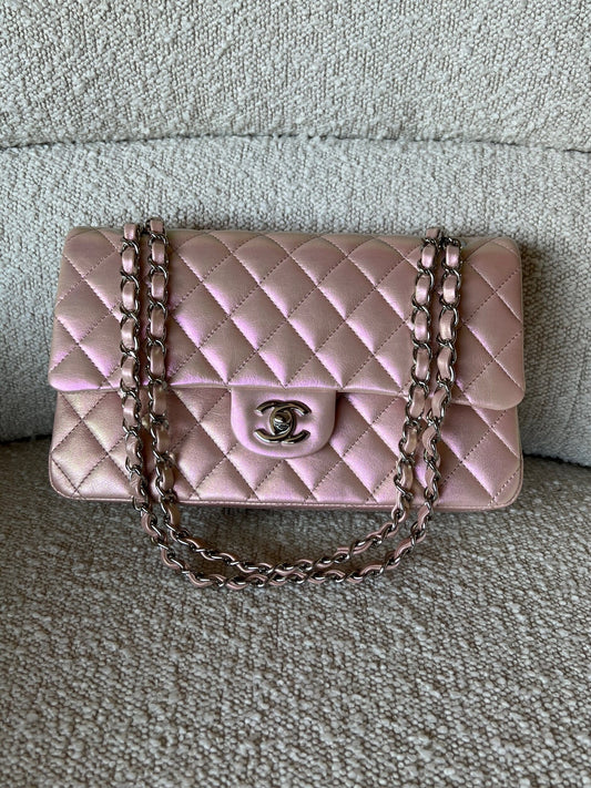 21K Medium Pink Iridescent Lambskin Quilted Classic Flap SHW