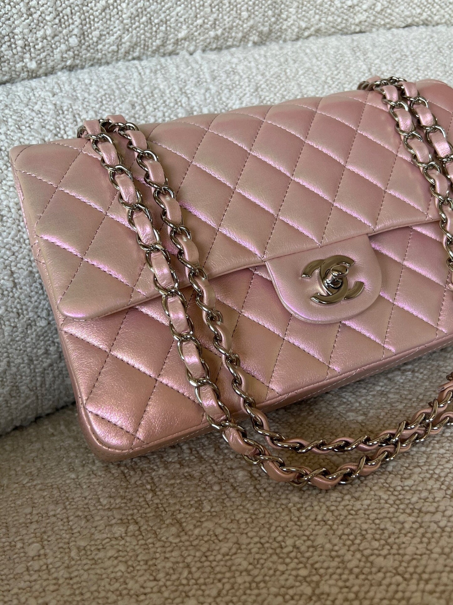21K Medium Pink Iridescent Lambskin Quilted Classic Flap SHW