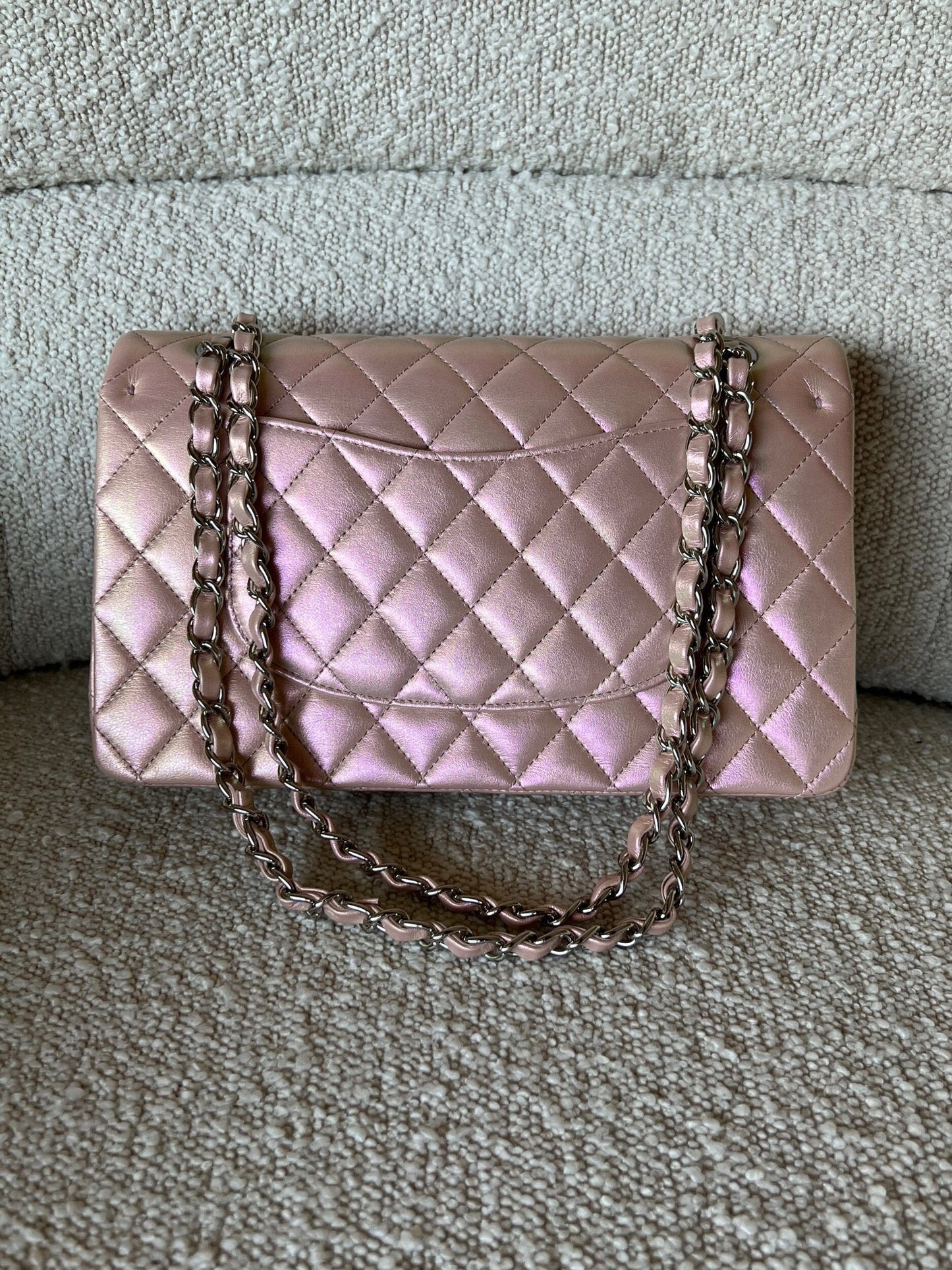 21K Medium Pink Iridescent Lambskin Quilted Classic Flap SHW