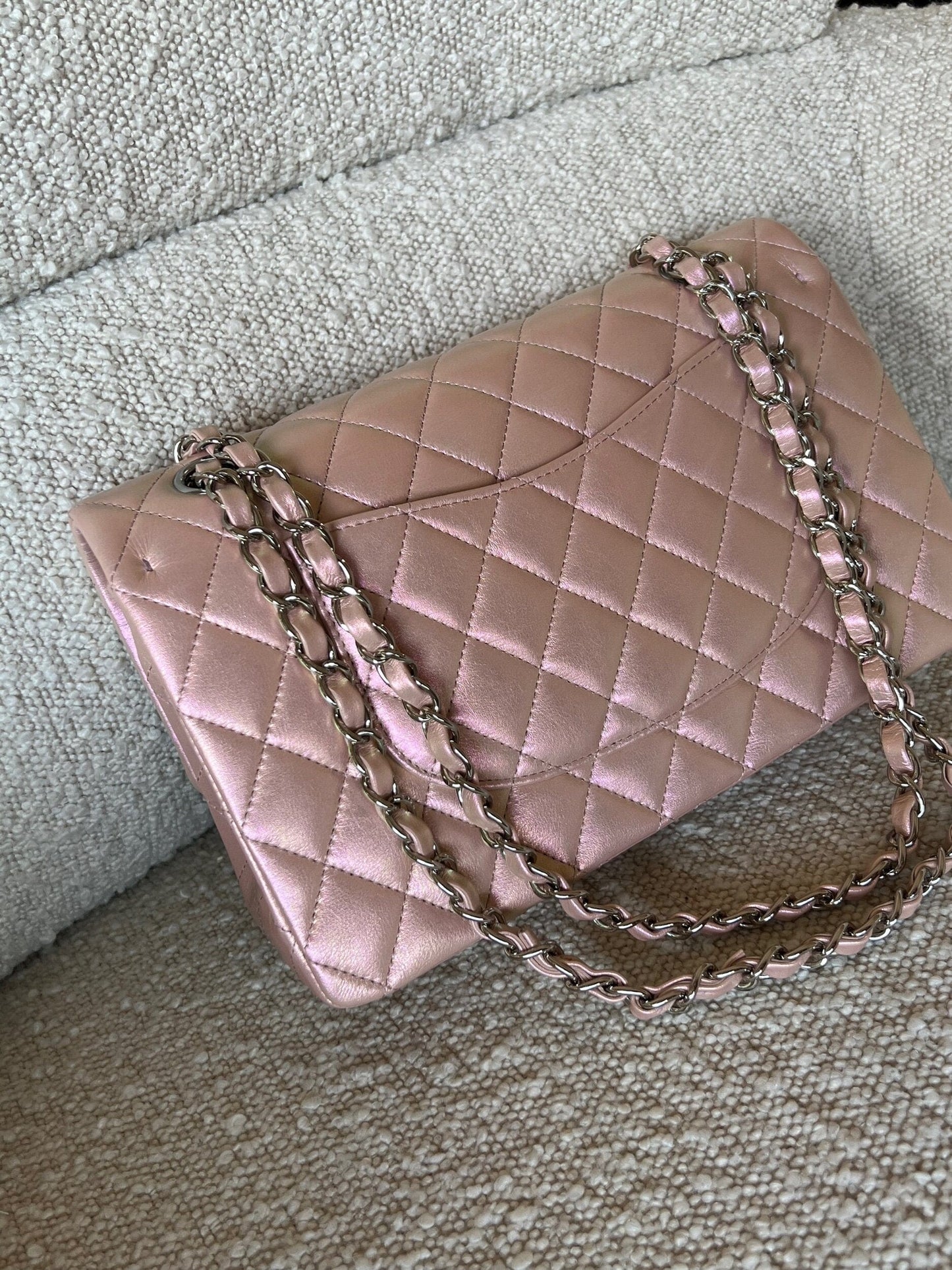 21K Medium Pink Iridescent Lambskin Quilted Classic Flap SHW