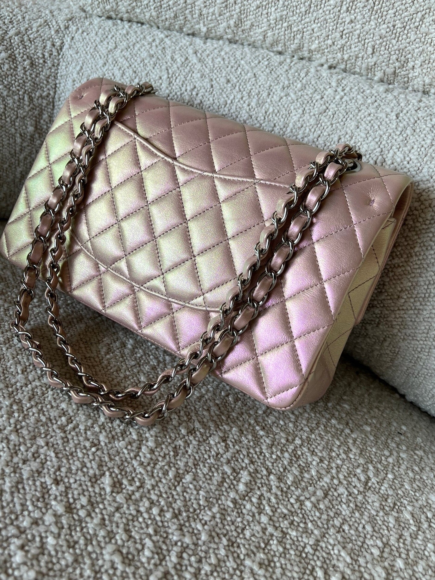 21K Medium Pink Iridescent Lambskin Quilted Classic Flap SHW