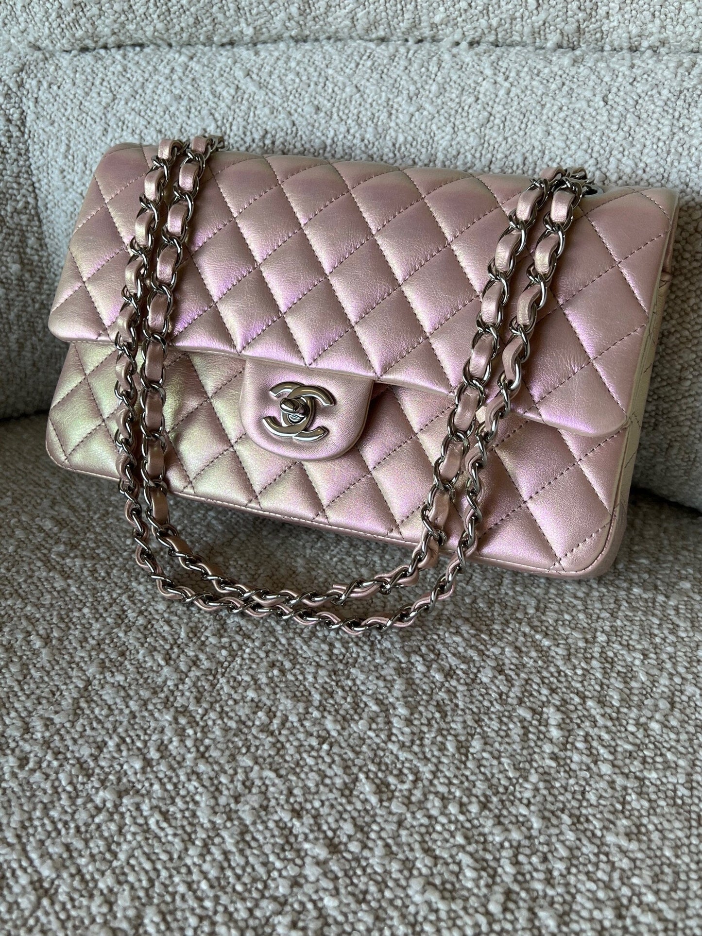 21K Medium Pink Iridescent Lambskin Quilted Classic Flap SHW