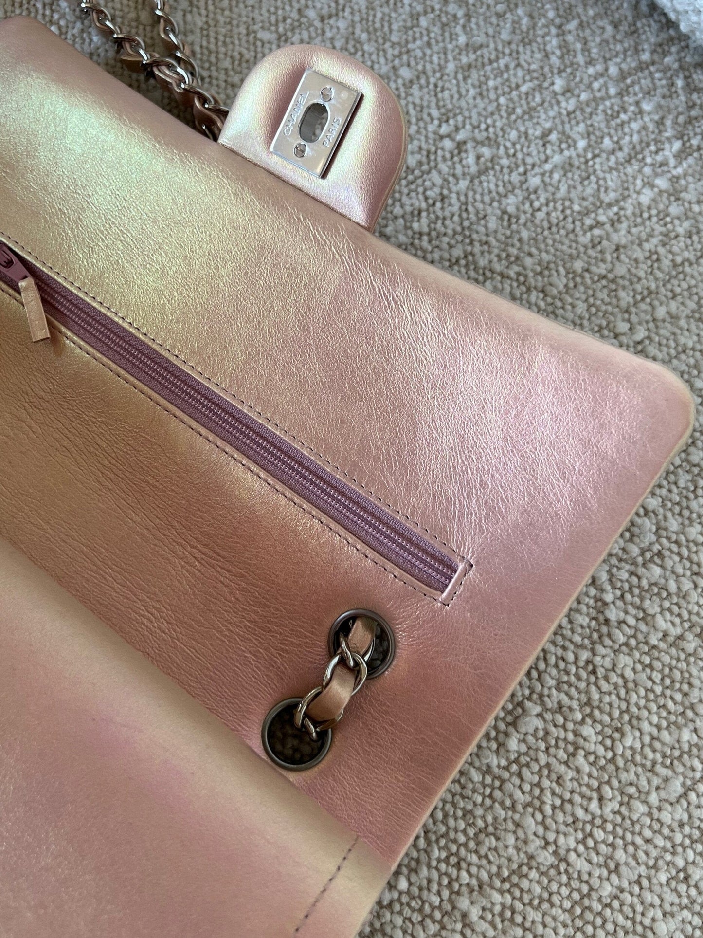 21K Medium Pink Iridescent Lambskin Quilted Classic Flap SHW