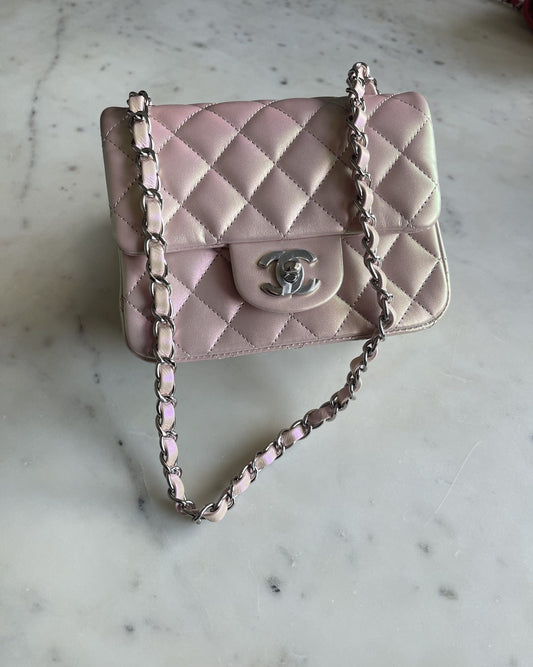 21K Mini Pink Iridescent Square Lambskin Quilted Classic Flap SHW