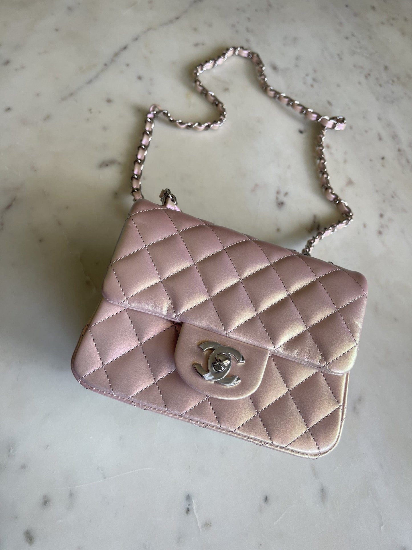 21K Mini Pink Iridescent Square Lambskin Quilted Classic Flap SHW