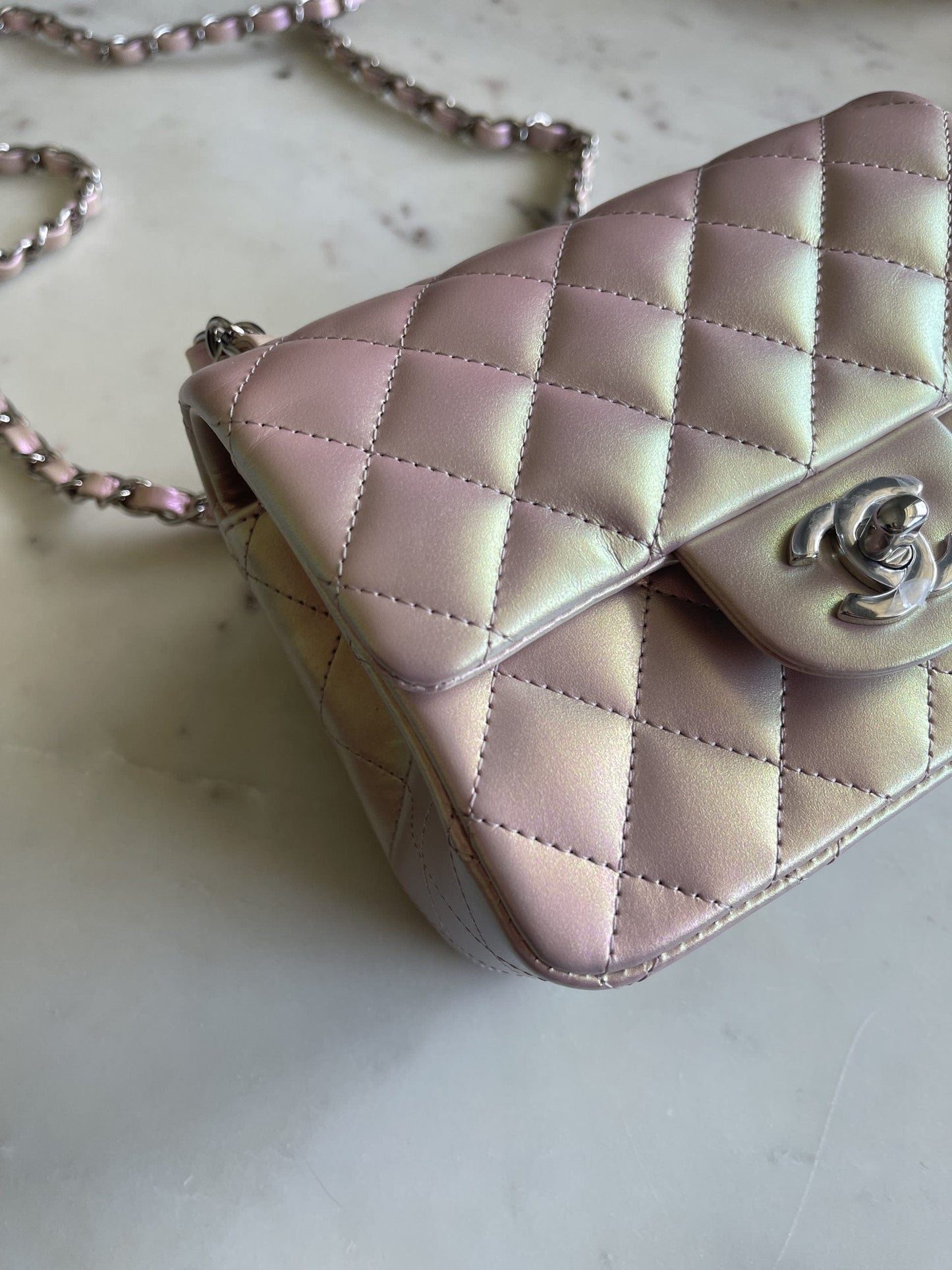 21K Mini Pink Iridescent Square Lambskin Quilted Classic Flap SHW