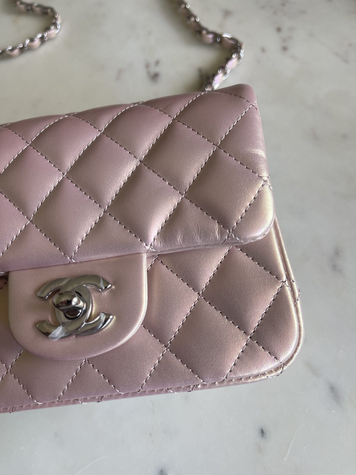 21K Mini Pink Iridescent Square Lambskin Quilted Classic Flap SHW