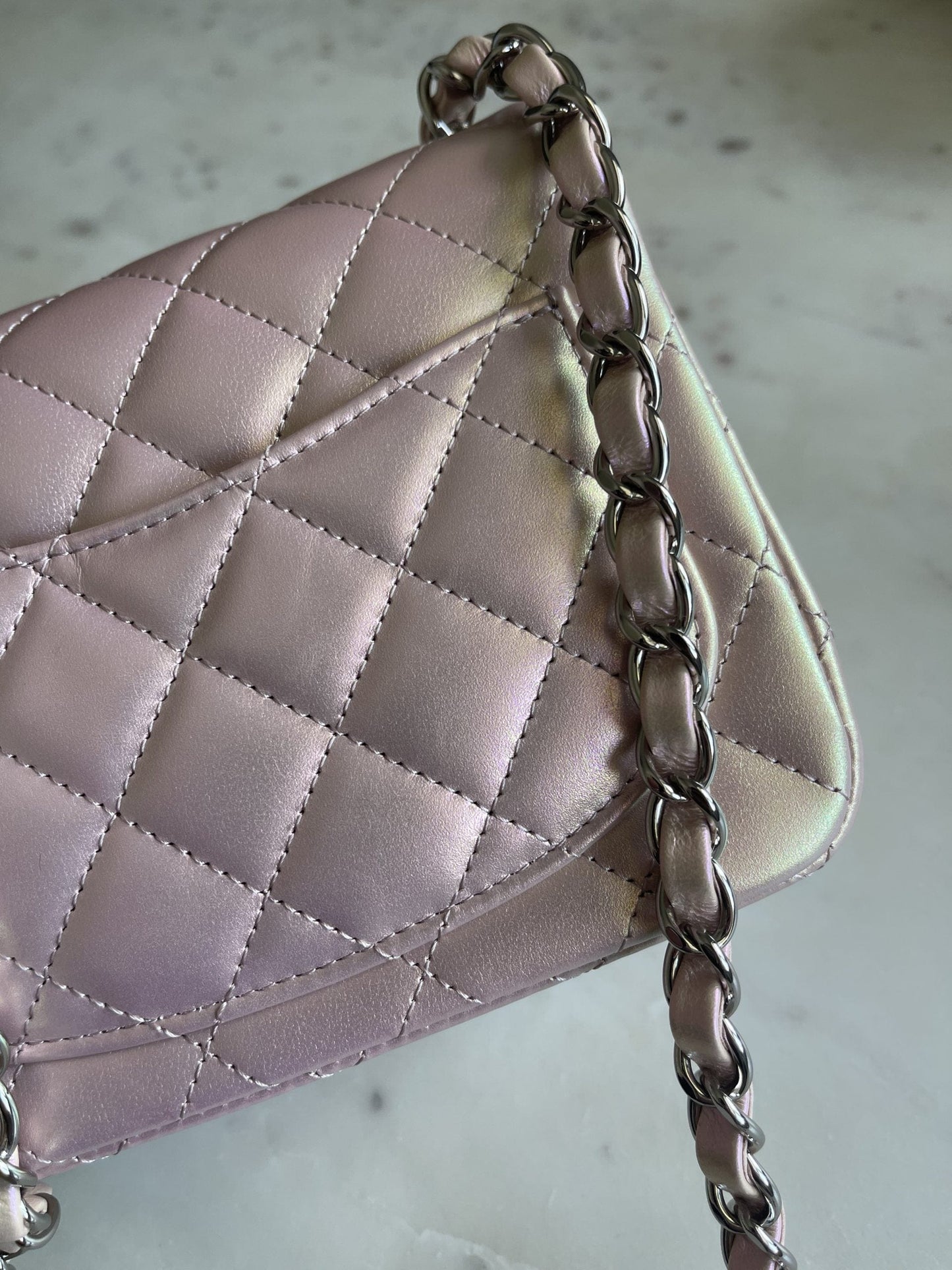 21K Mini Pink Iridescent Square Lambskin Quilted Classic Flap SHW