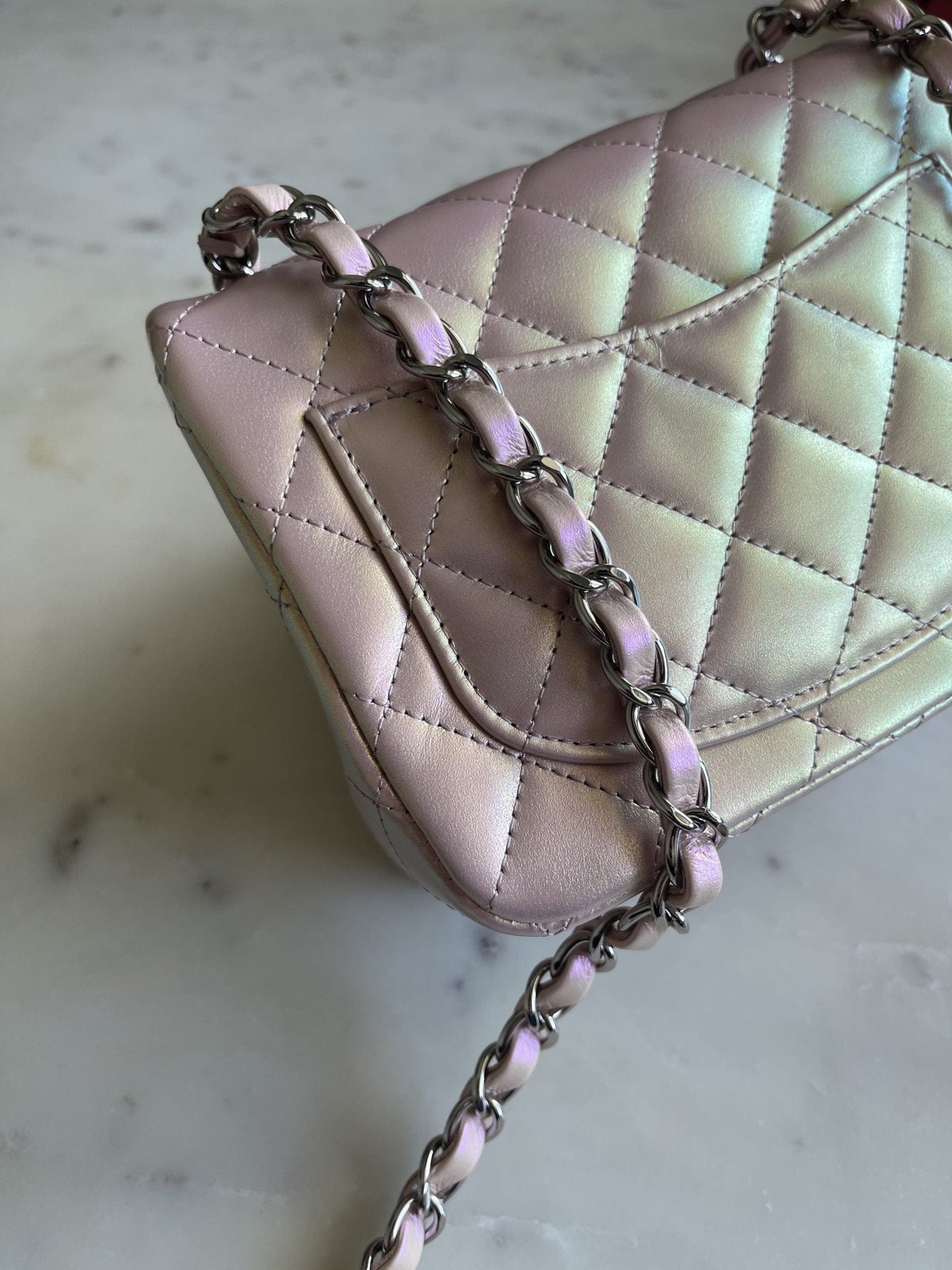 21K Mini Pink Iridescent Square Lambskin Quilted Classic Flap SHW