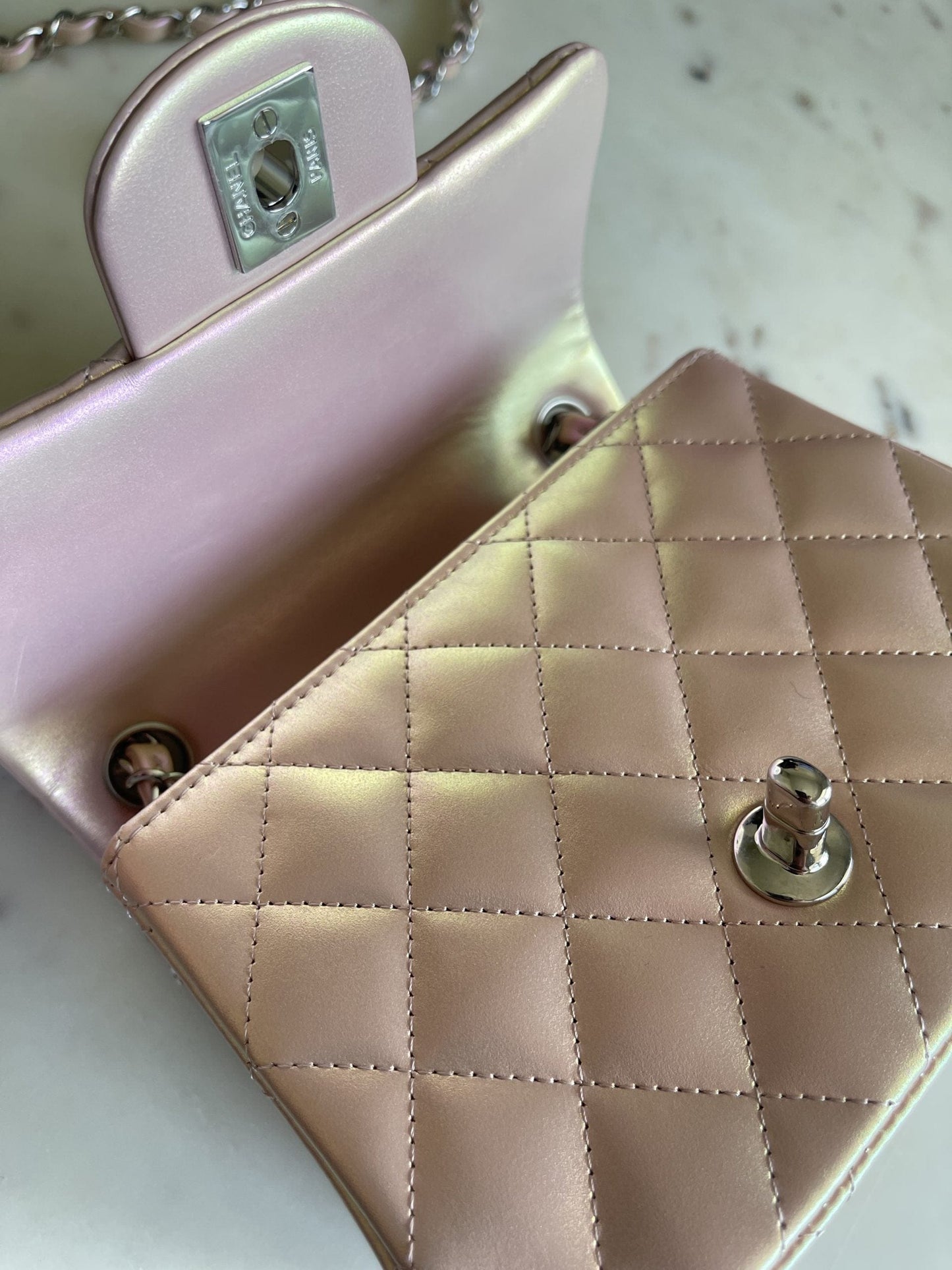 21K Mini Pink Iridescent Square Lambskin Quilted Classic Flap SHW