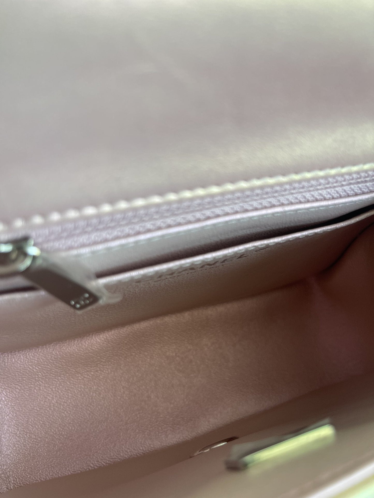 21K Mini Pink Iridescent Square Lambskin Quilted Classic Flap SHW