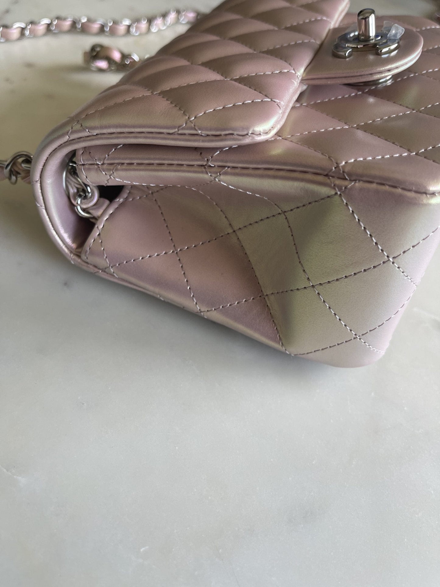 21K Mini Pink Iridescent Square Lambskin Quilted Classic Flap SHW