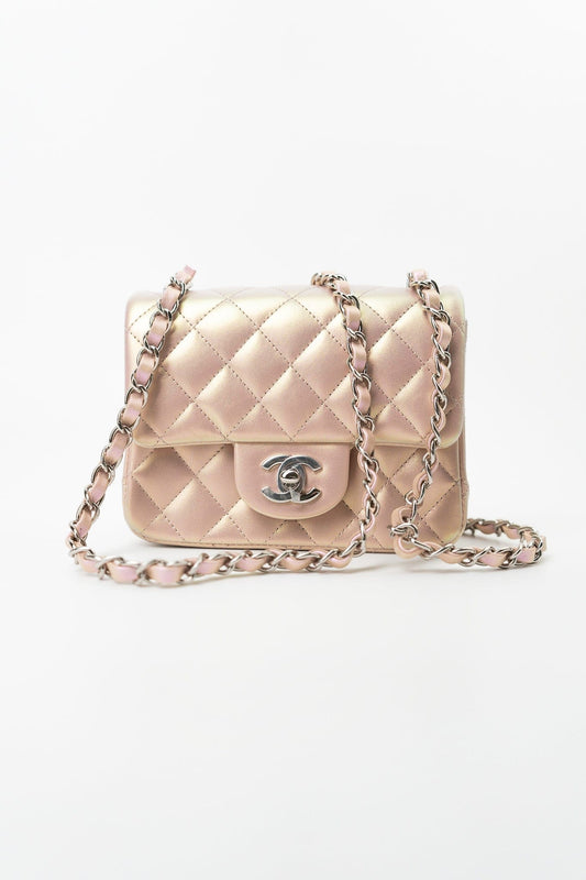 21K Mini Pink Iridescent Square Lambskin Quilted Classic Flap SHW
