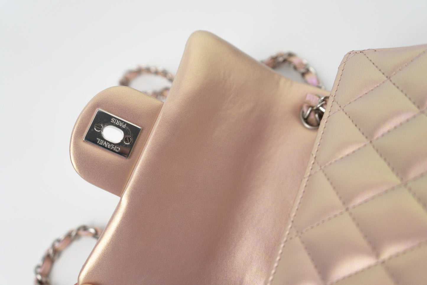 21K Mini Pink Iridescent Square Lambskin Quilted Classic Flap SHW