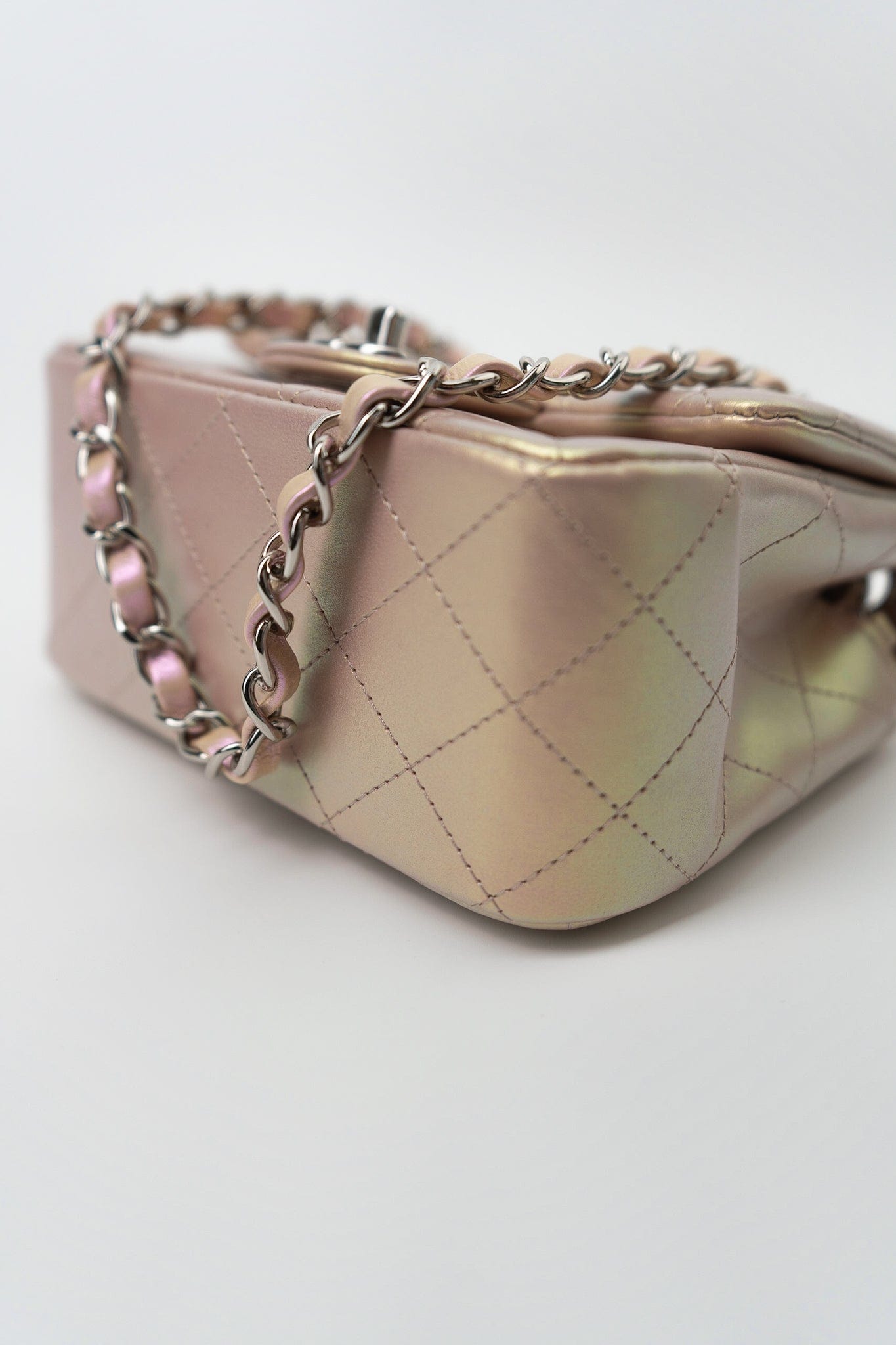 21K Mini Pink Iridescent Square Lambskin Quilted Classic Flap SHW