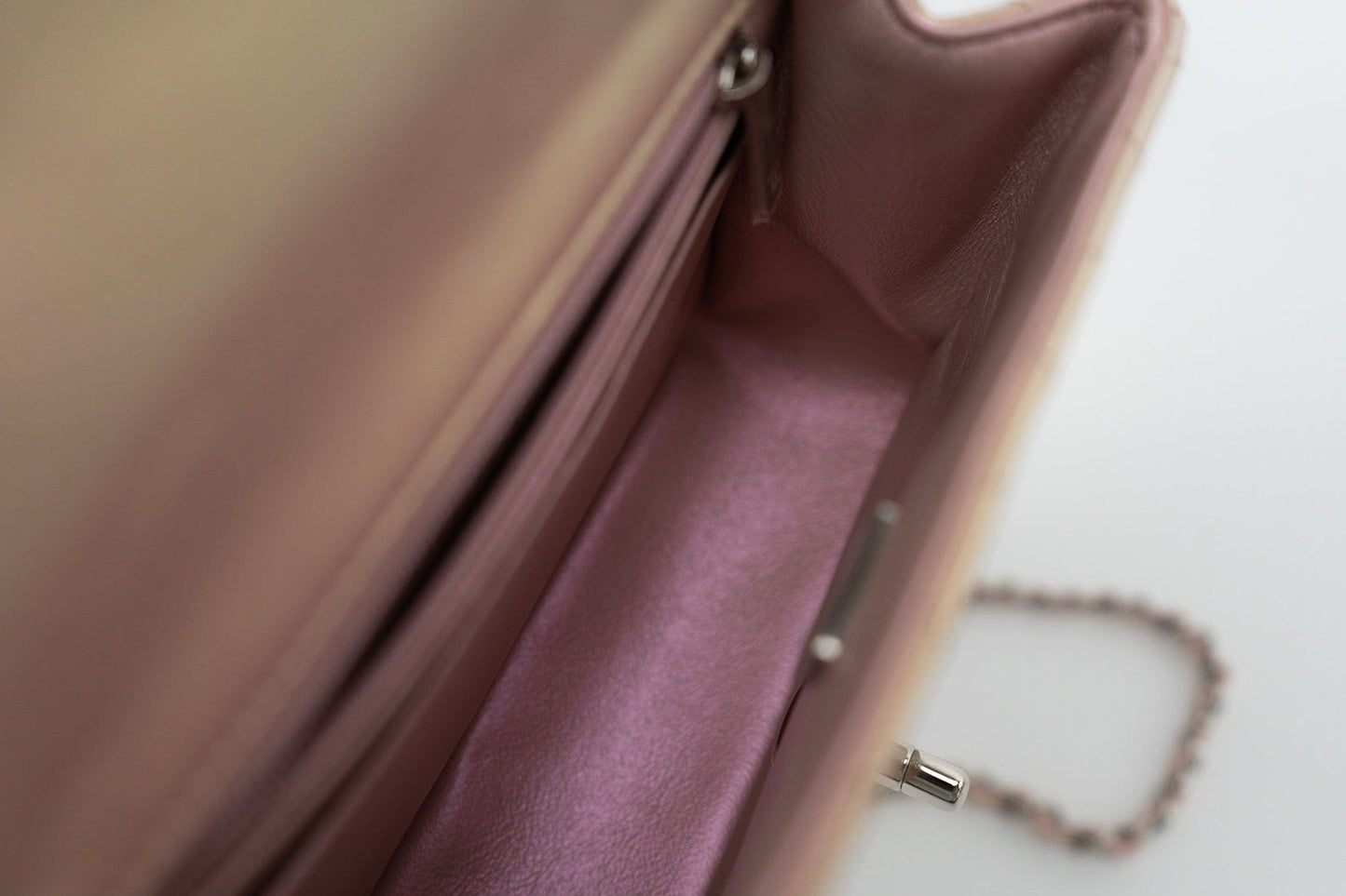 21K Mini Pink Iridescent Square Lambskin Quilted Classic Flap SHW