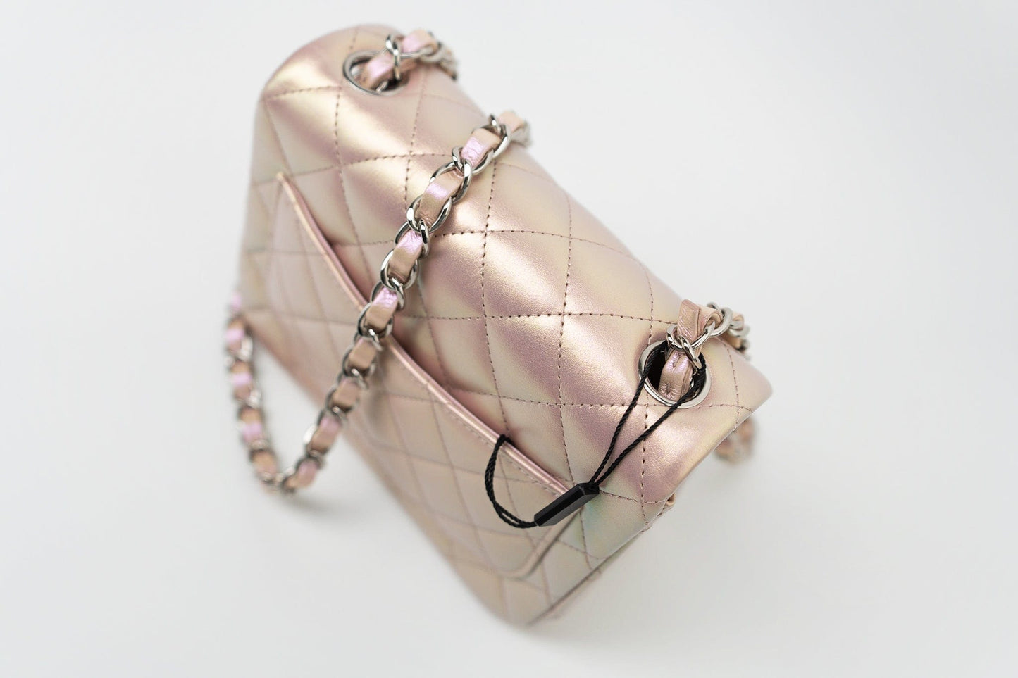 21K Mini Pink Iridescent Square Lambskin Quilted Classic Flap SHW
