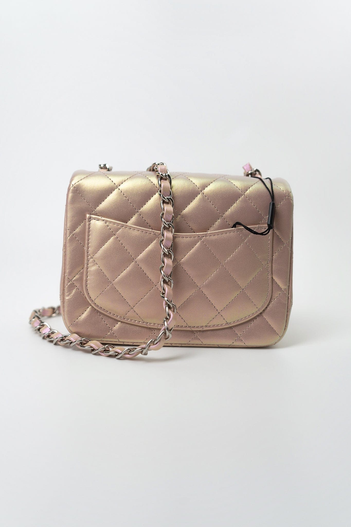 21K Mini Pink Iridescent Square Lambskin Quilted Classic Flap SHW