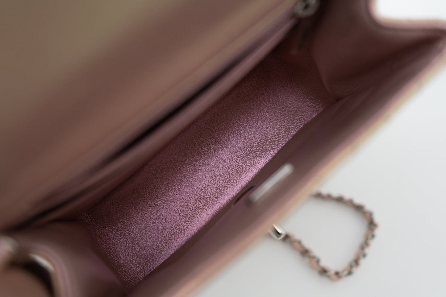 21K Mini Pink Iridescent Square Lambskin Quilted Classic Flap SHW