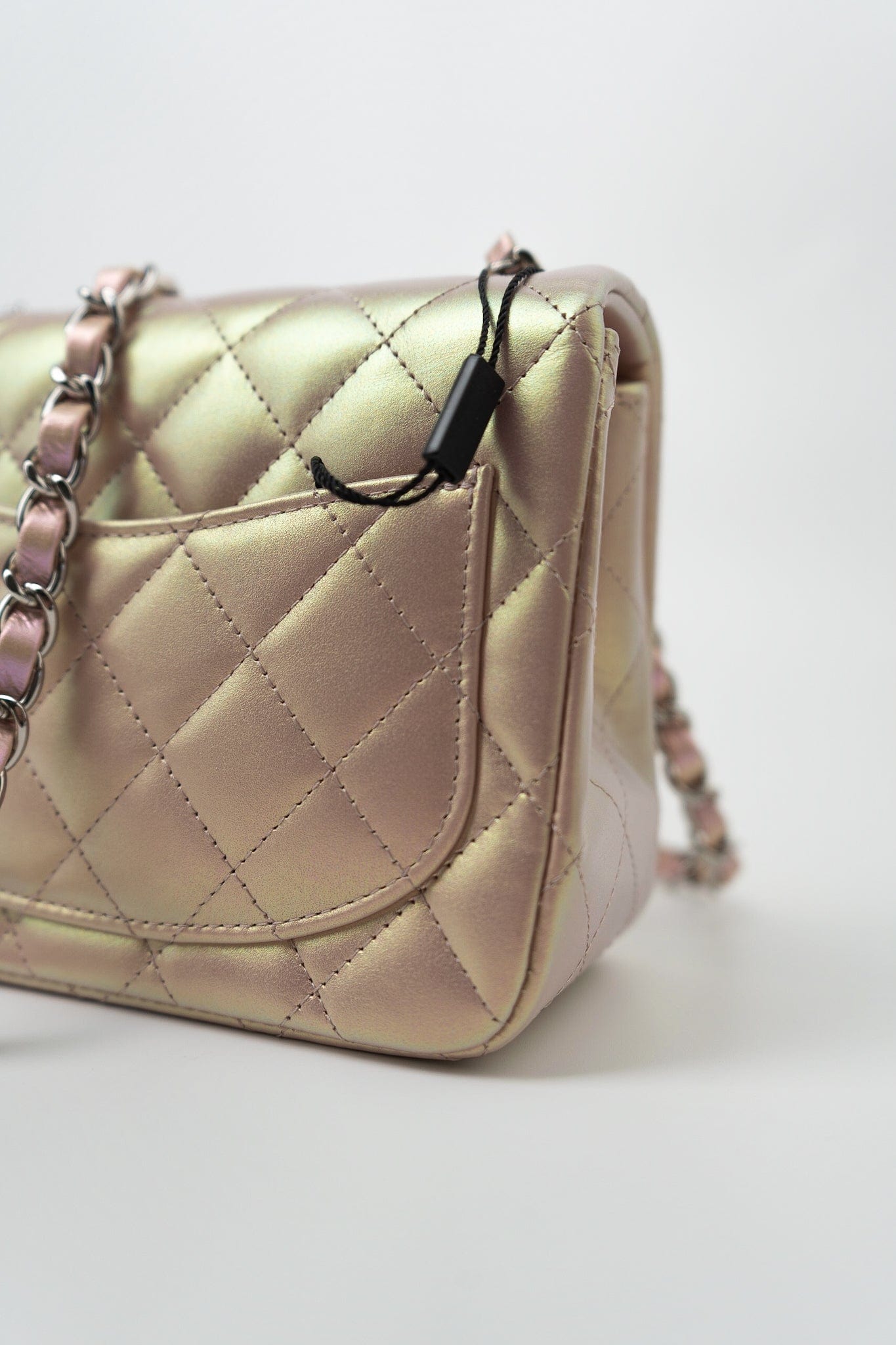 21K Mini Pink Iridescent Square Lambskin Quilted Classic Flap SHW