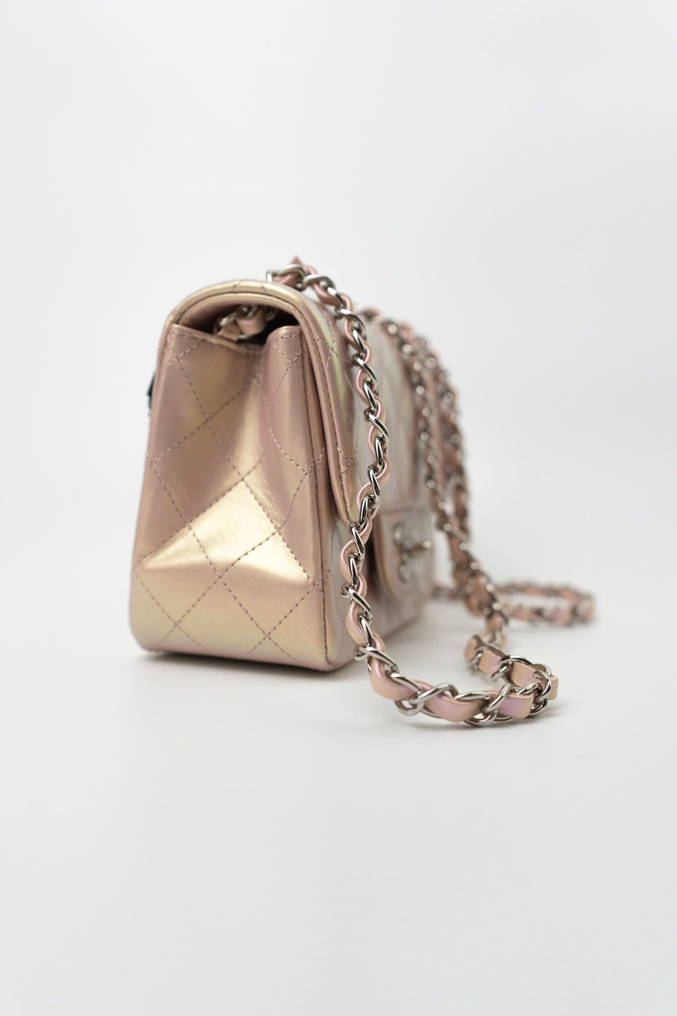 21K Mini Pink Iridescent Square Lambskin Quilted Classic Flap SHW