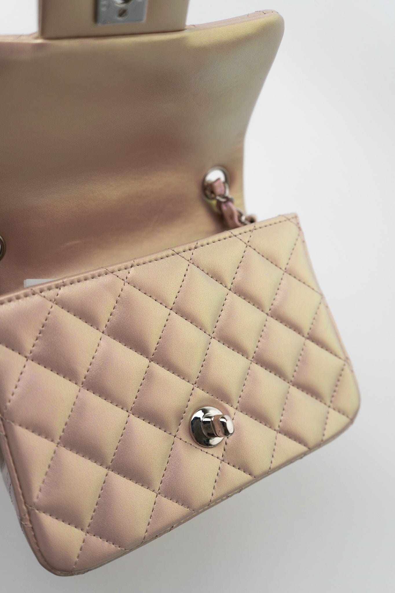 21K Mini Pink Iridescent Square Lambskin Quilted Classic Flap SHW