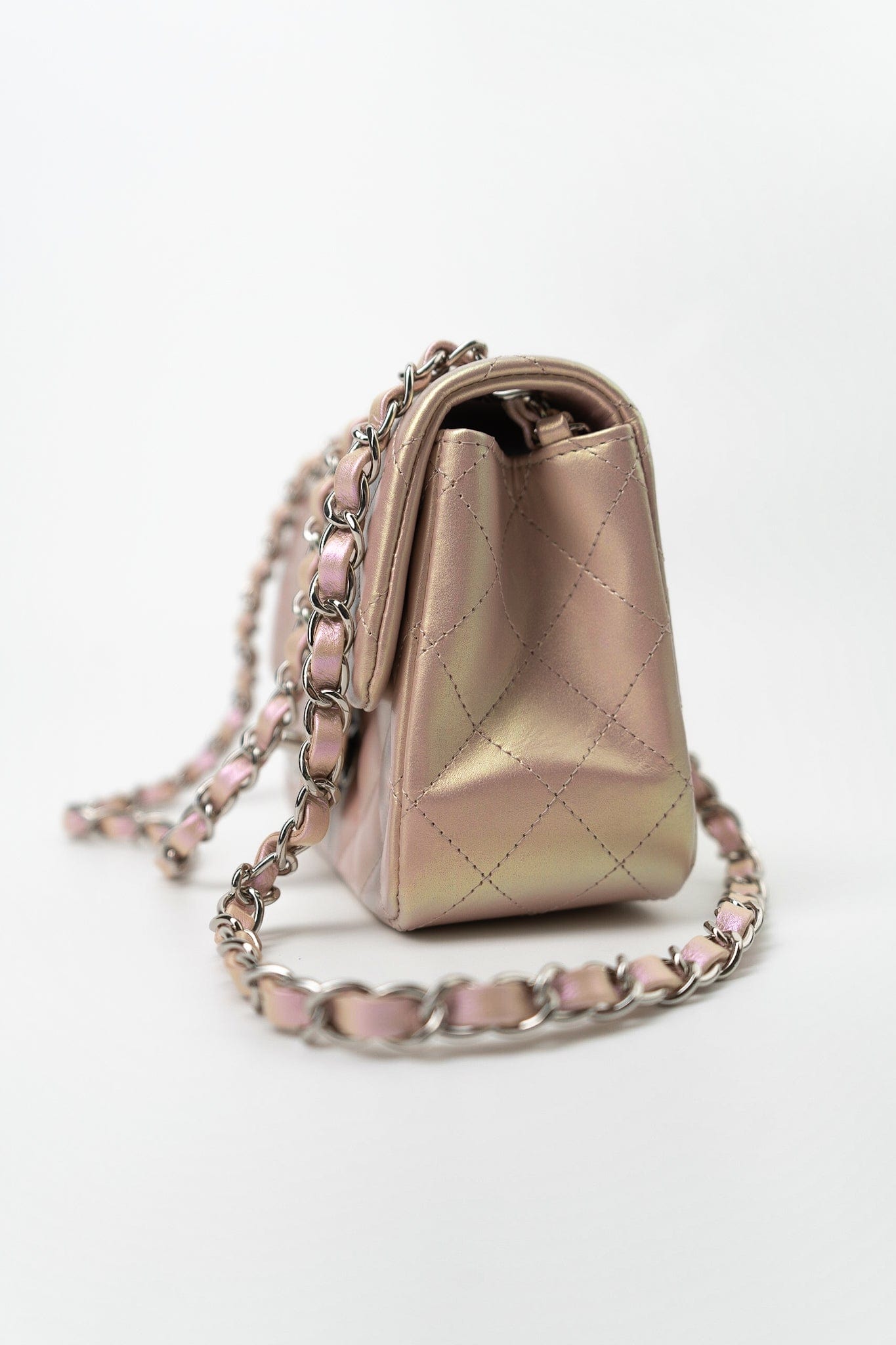 21K Mini Pink Iridescent Square Lambskin Quilted Classic Flap SHW