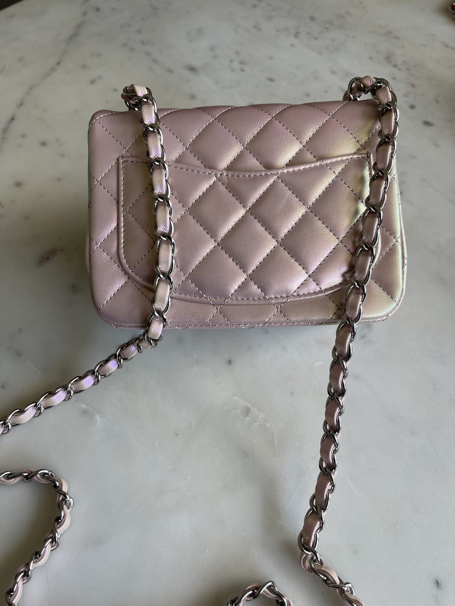 21K Mini Pink Iridescent Square Lambskin Quilted Classic Flap SHW