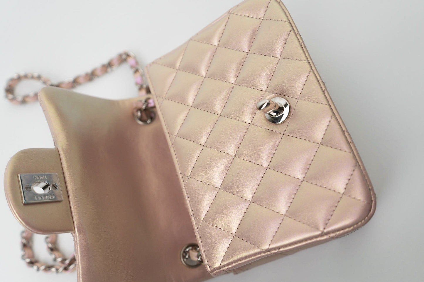 21K Mini Pink Iridescent Square Lambskin Quilted Classic Flap SHW