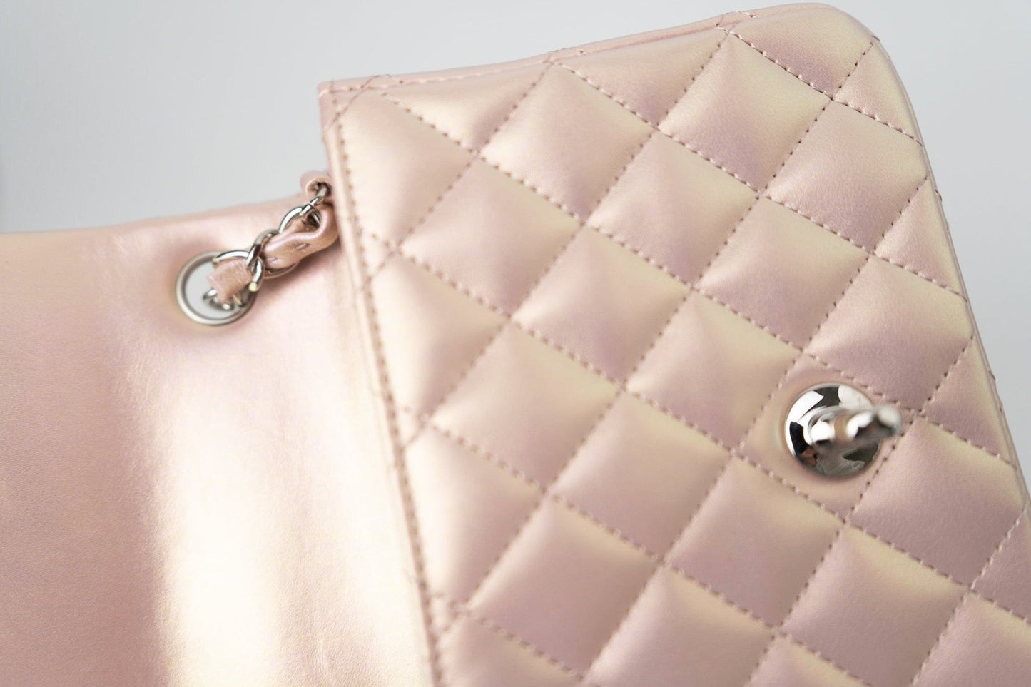 21K Mini Pink Iridescent Square Lambskin Quilted Classic Flap SHW