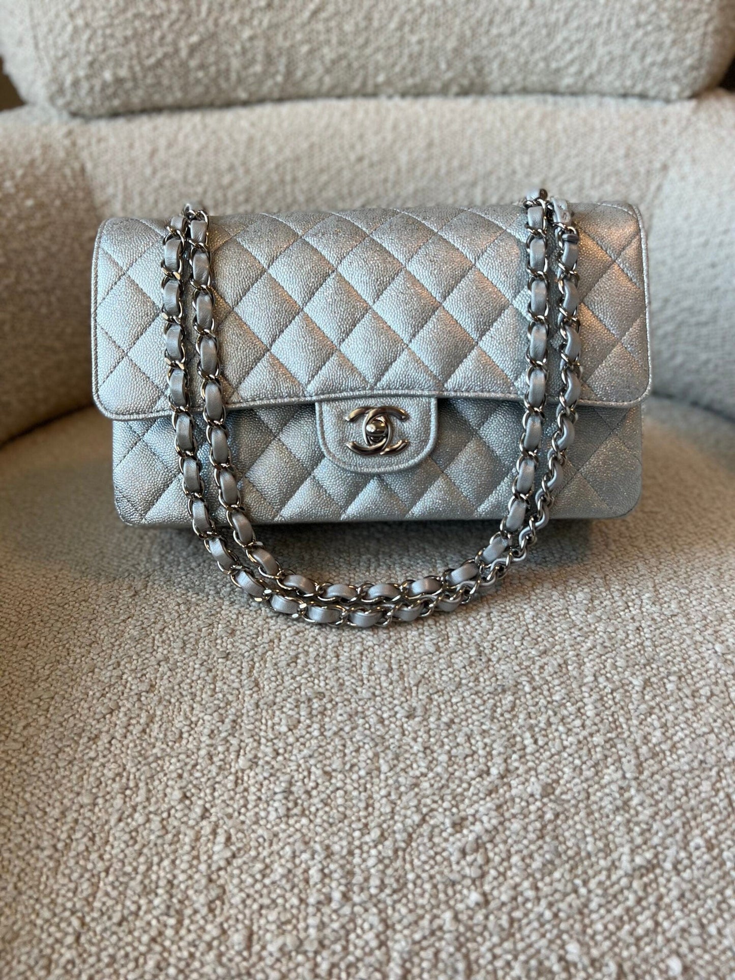 21K Silver Metallic Caviar Quilted Classic Double Flap Medium Silver Hardware