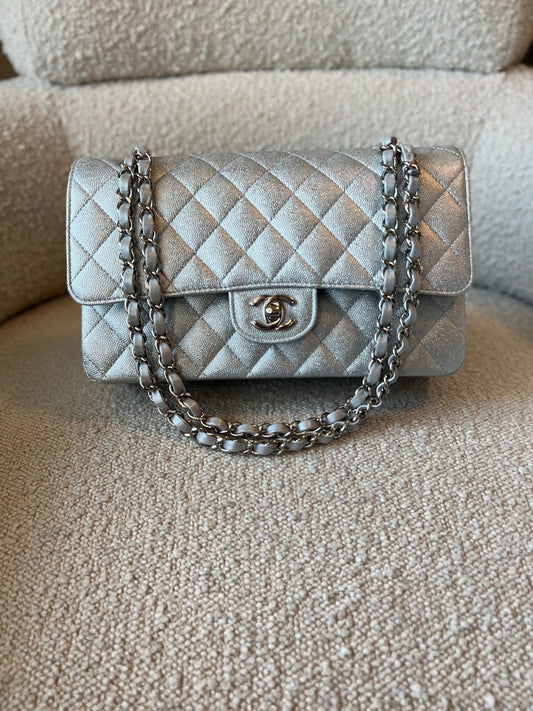 21K Silver Metallic Caviar Quilted Classic Double Flap Medium Silver Hardware