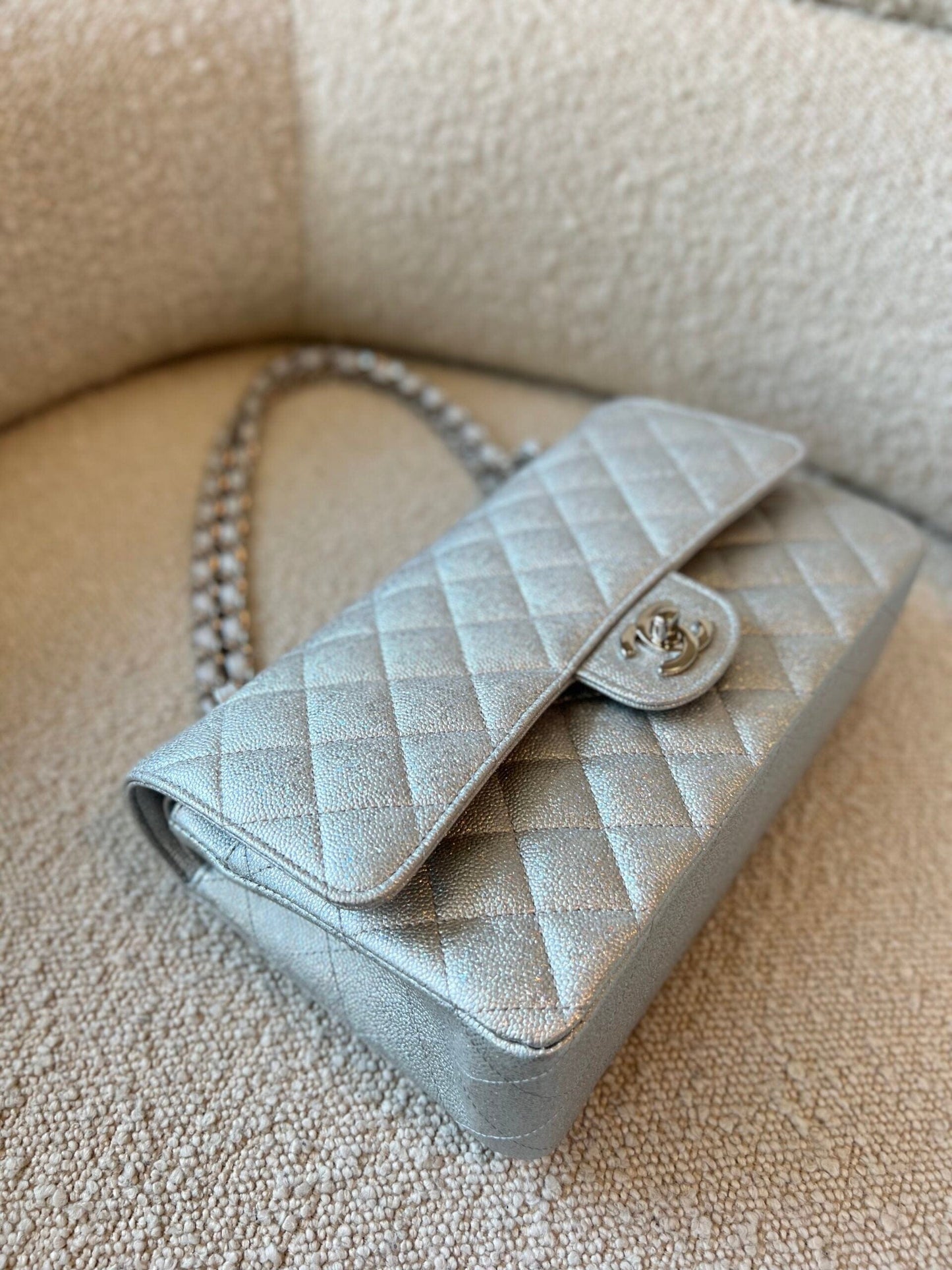 21K Silver Metallic Caviar Quilted Classic Double Flap Medium Silver Hardware