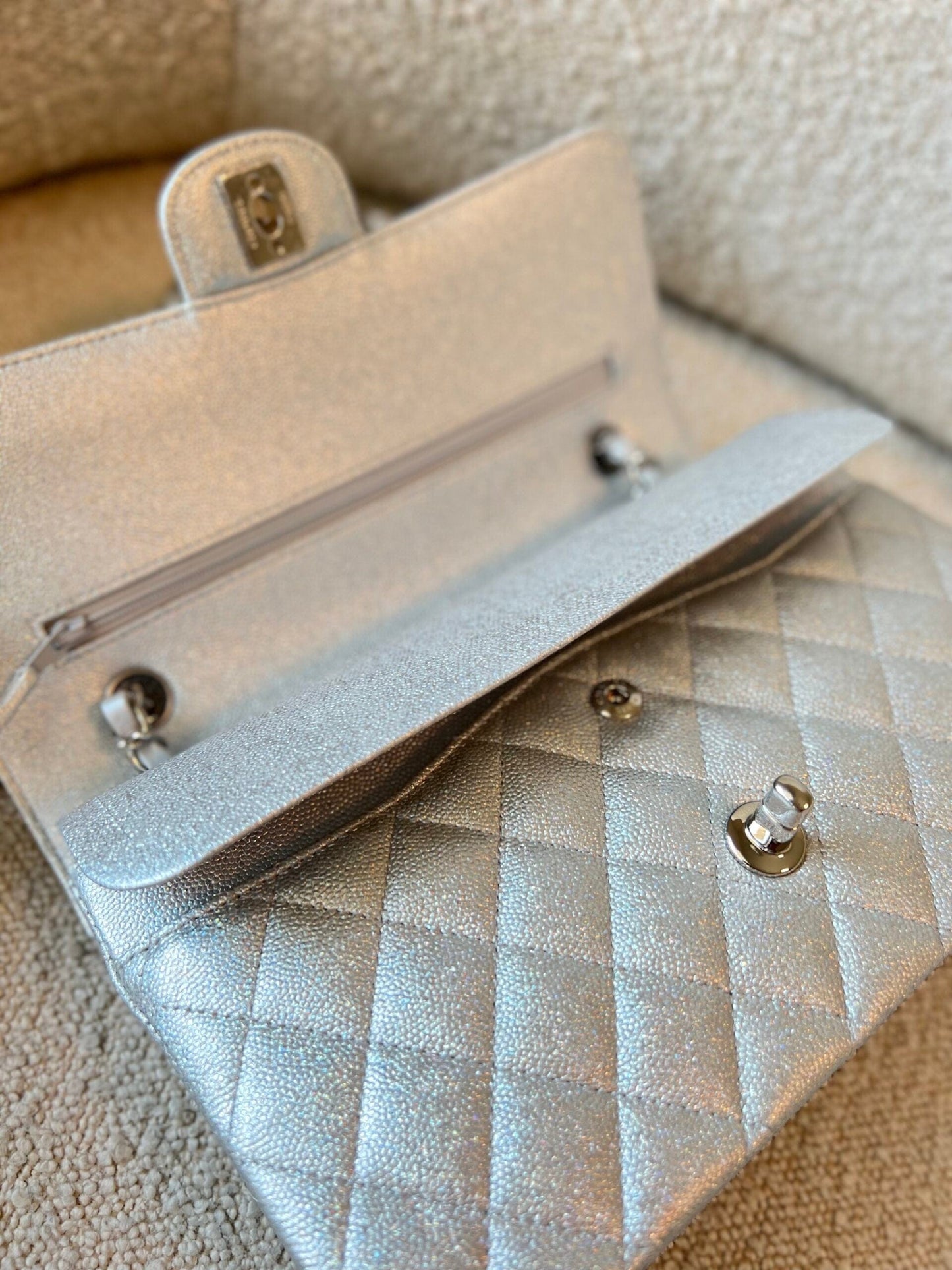 21K Silver Metallic Caviar Quilted Classic Double Flap Medium Silver Hardware