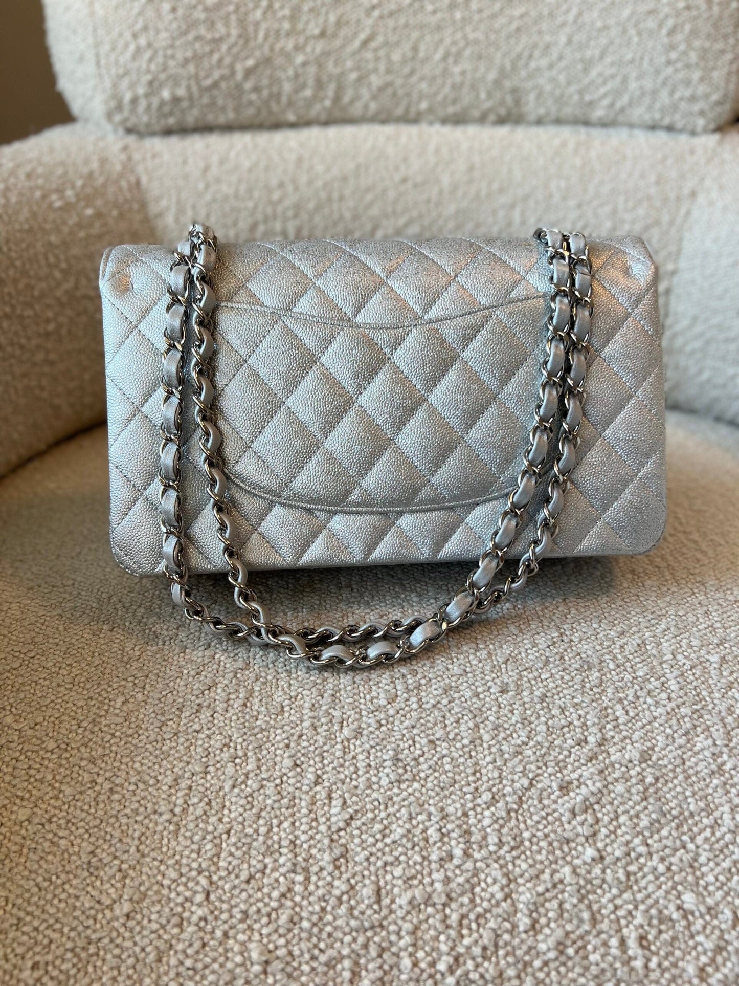 21K Silver Metallic Caviar Quilted Classic Double Flap Medium Silver Hardware