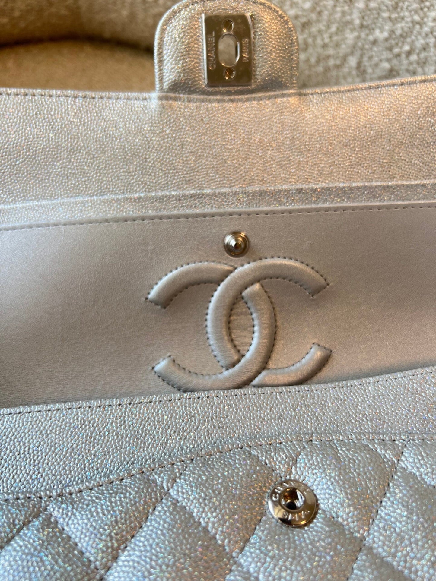 21K Silver Metallic Caviar Quilted Classic Double Flap Medium Silver Hardware