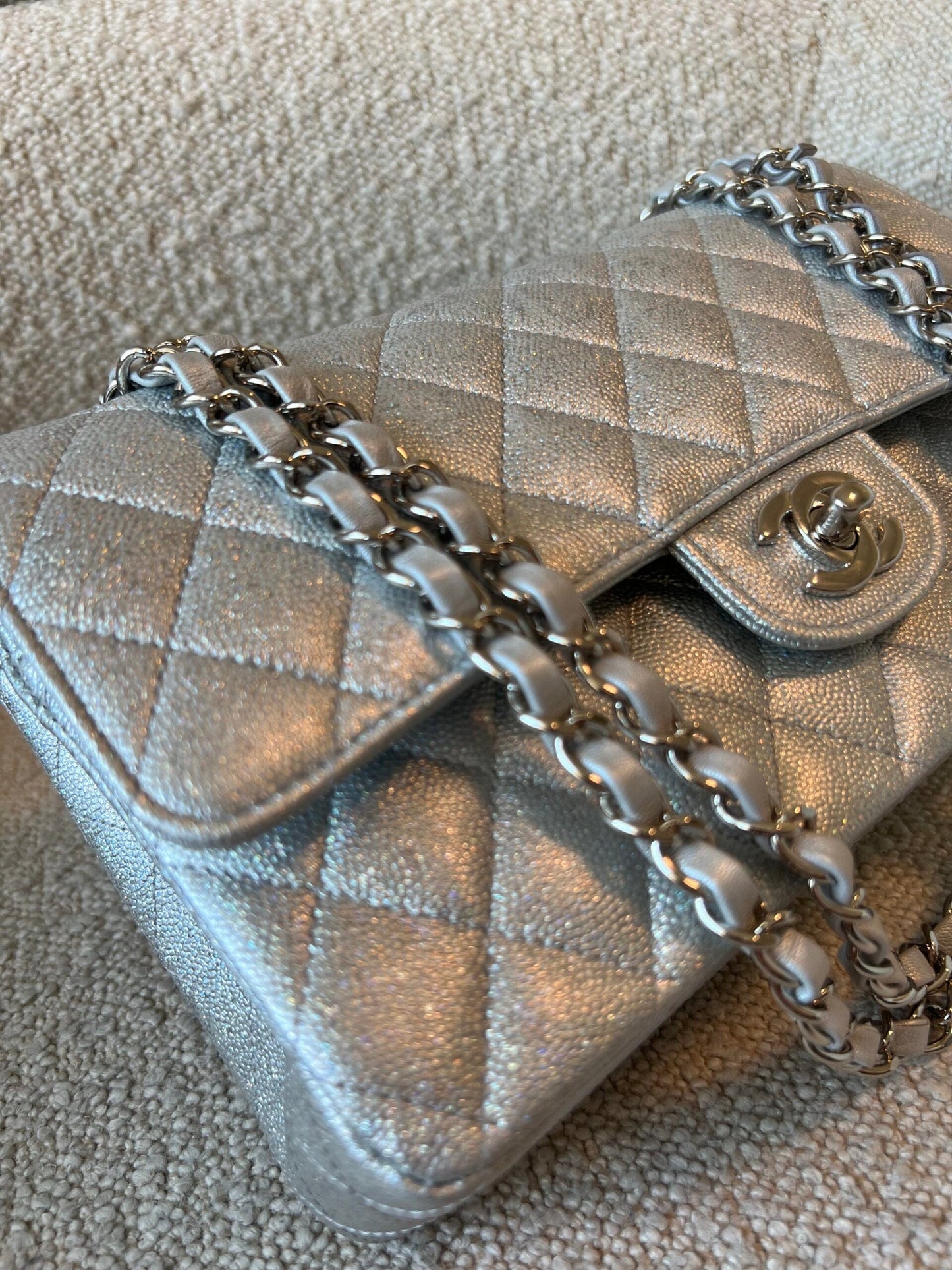 21K Silver Metallic Caviar Quilted Classic Double Flap Medium Silver Hardware