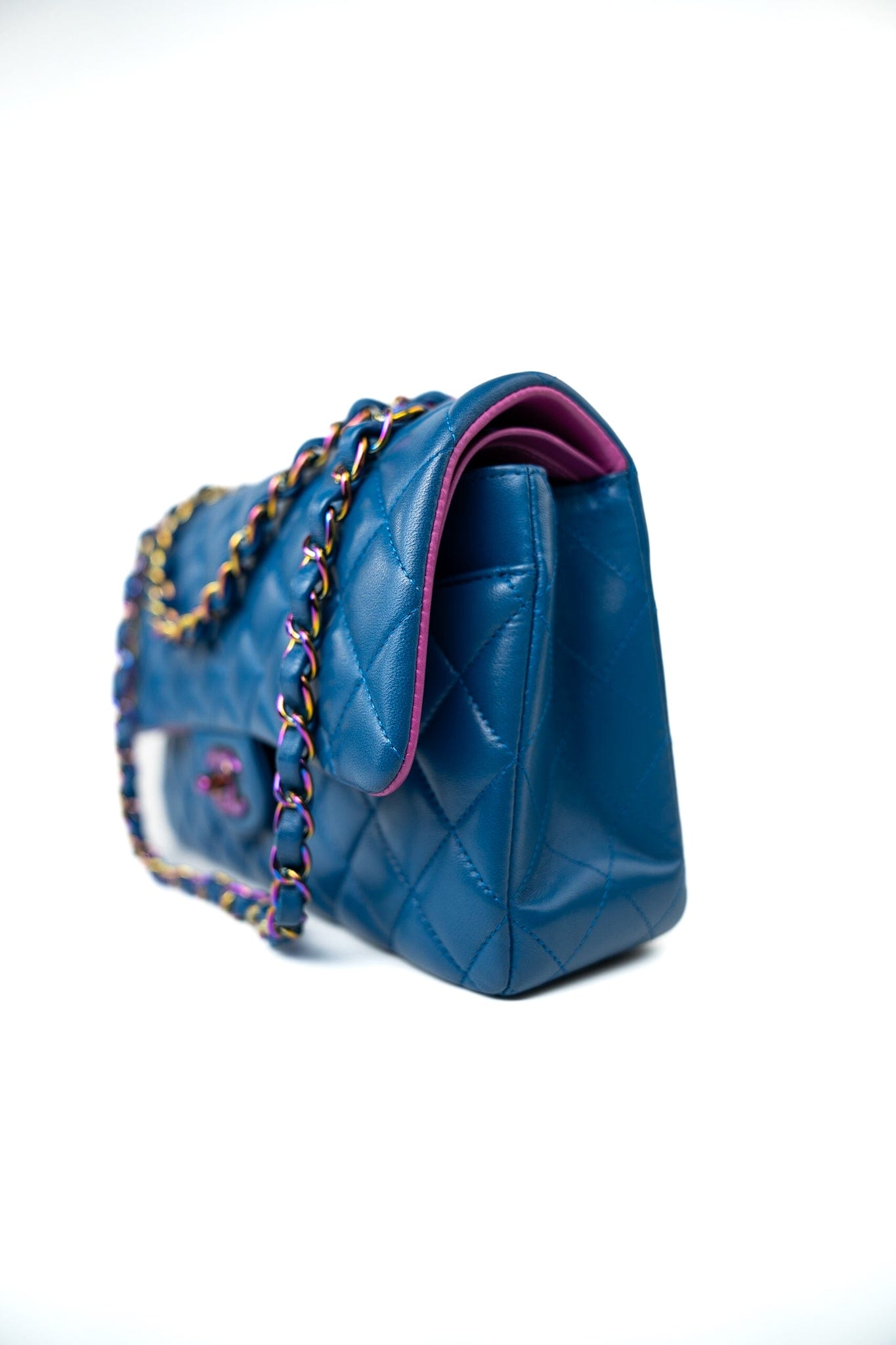 21P Blue Lambskin Quilted Classic Flap Medium Rainbow Hardware