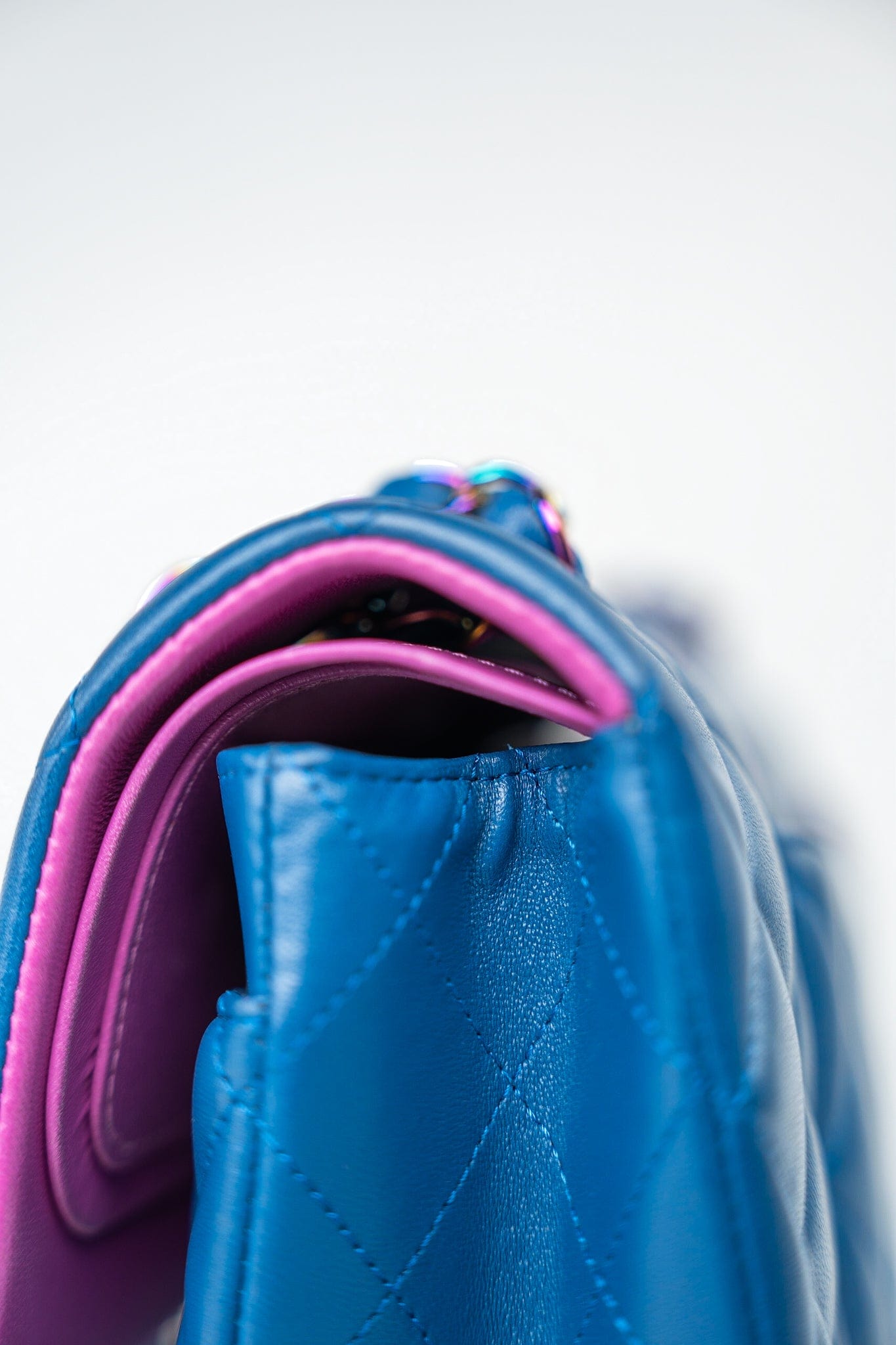 21P Blue Lambskin Quilted Classic Flap Medium Rainbow Hardware