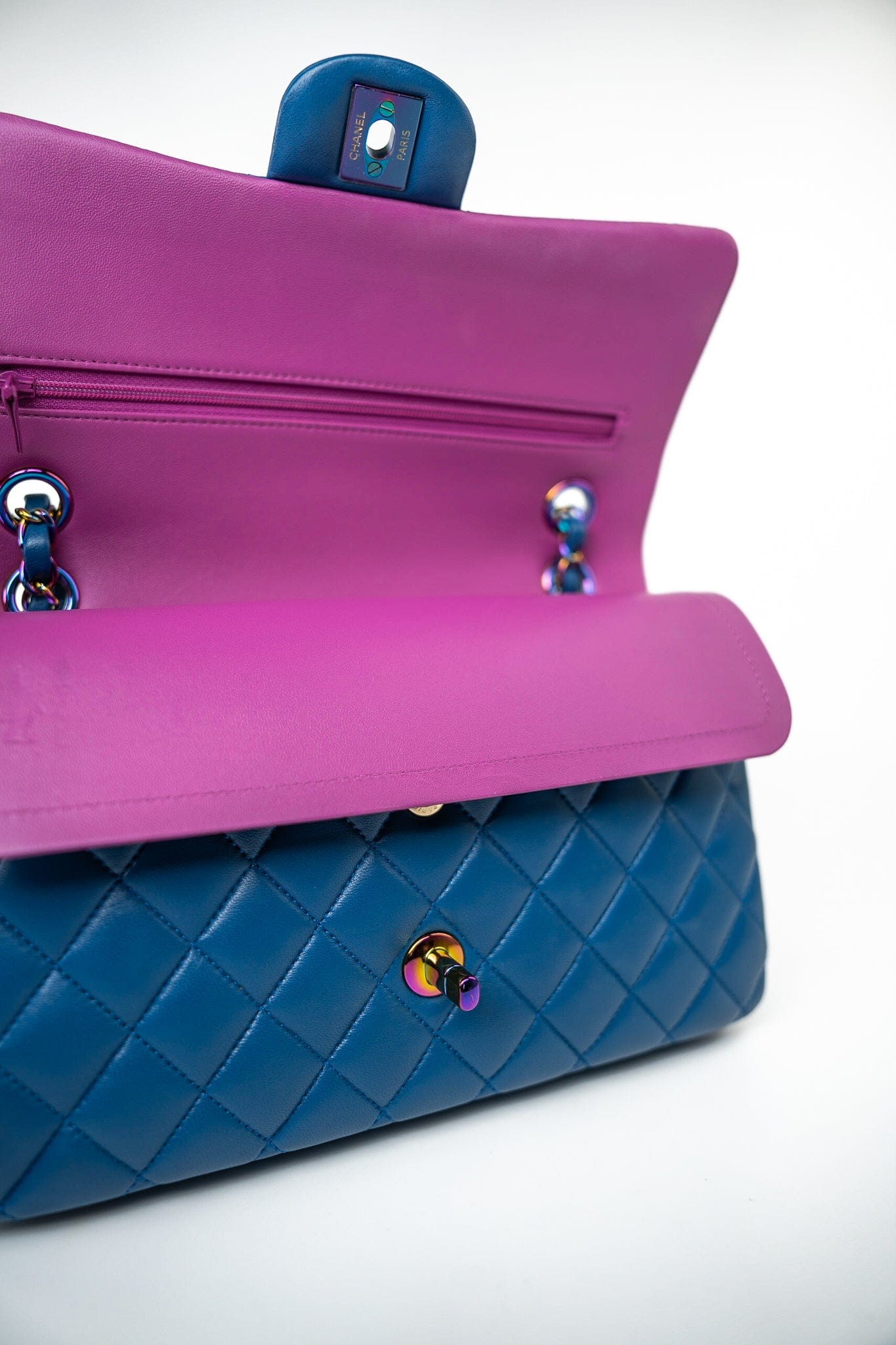 21P Blue Lambskin Quilted Classic Flap Medium Rainbow Hardware