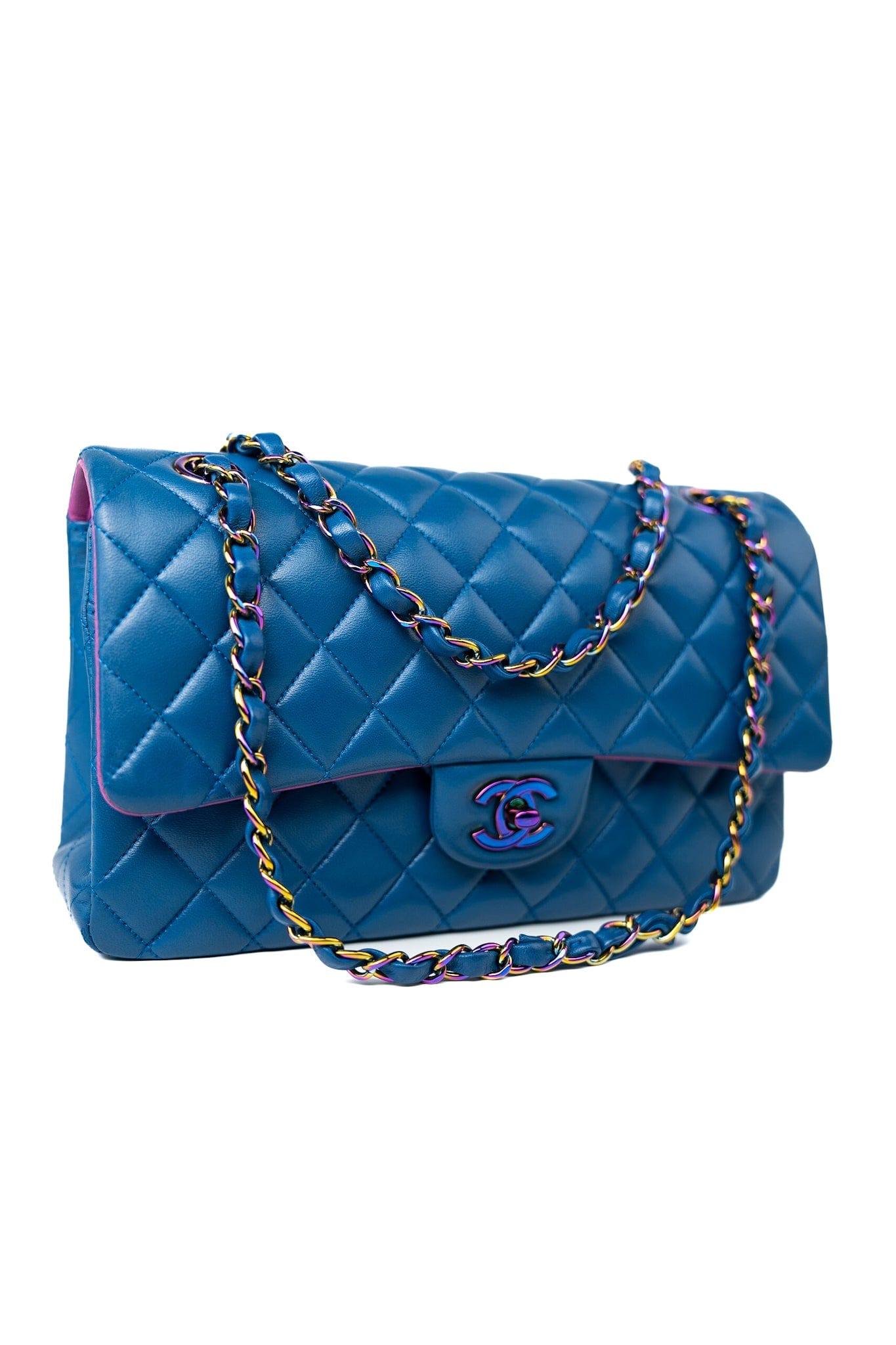 21P Blue Lambskin Quilted Classic Flap Medium Rainbow Hardware