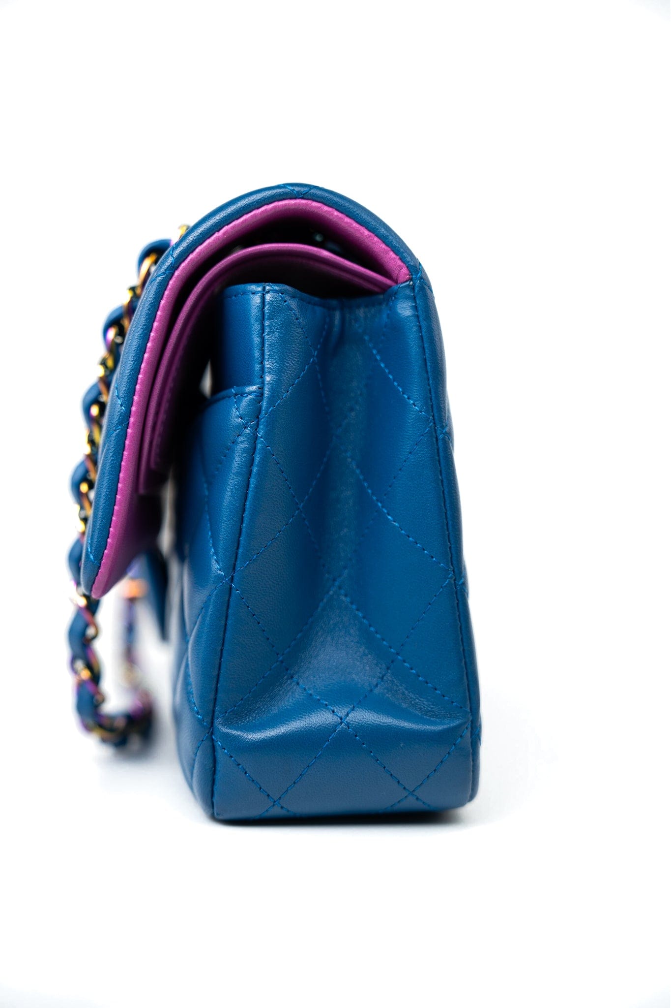 21P Blue Lambskin Quilted Classic Flap Medium Rainbow Hardware