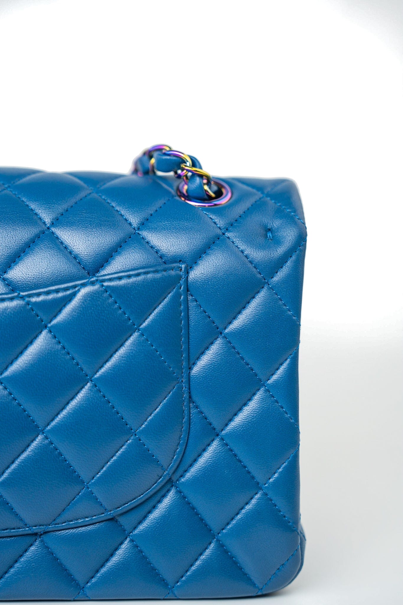 21P Blue Lambskin Quilted Classic Flap Medium Rainbow Hardware