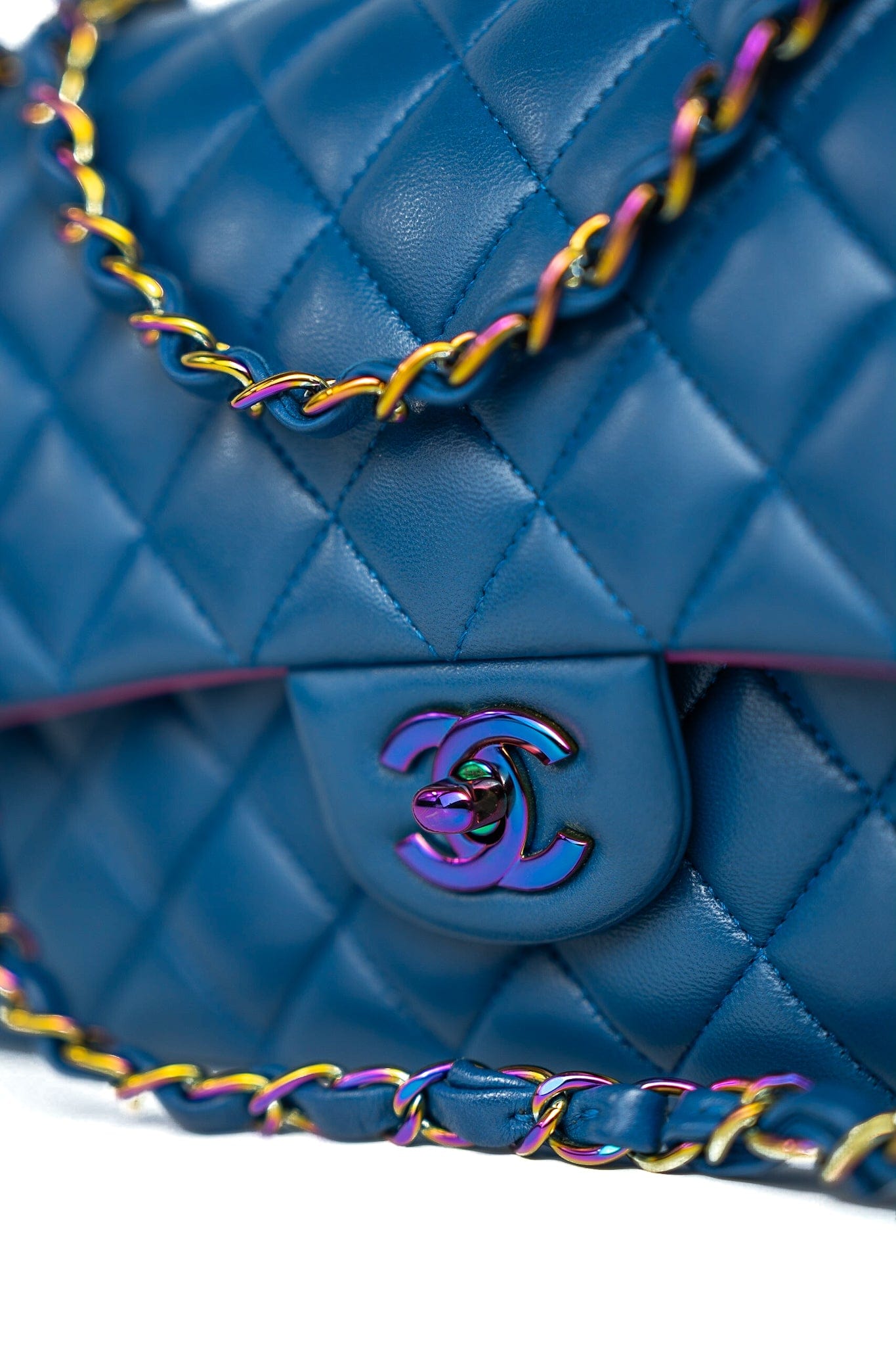 21P Blue Lambskin Quilted Classic Flap Medium Rainbow Hardware